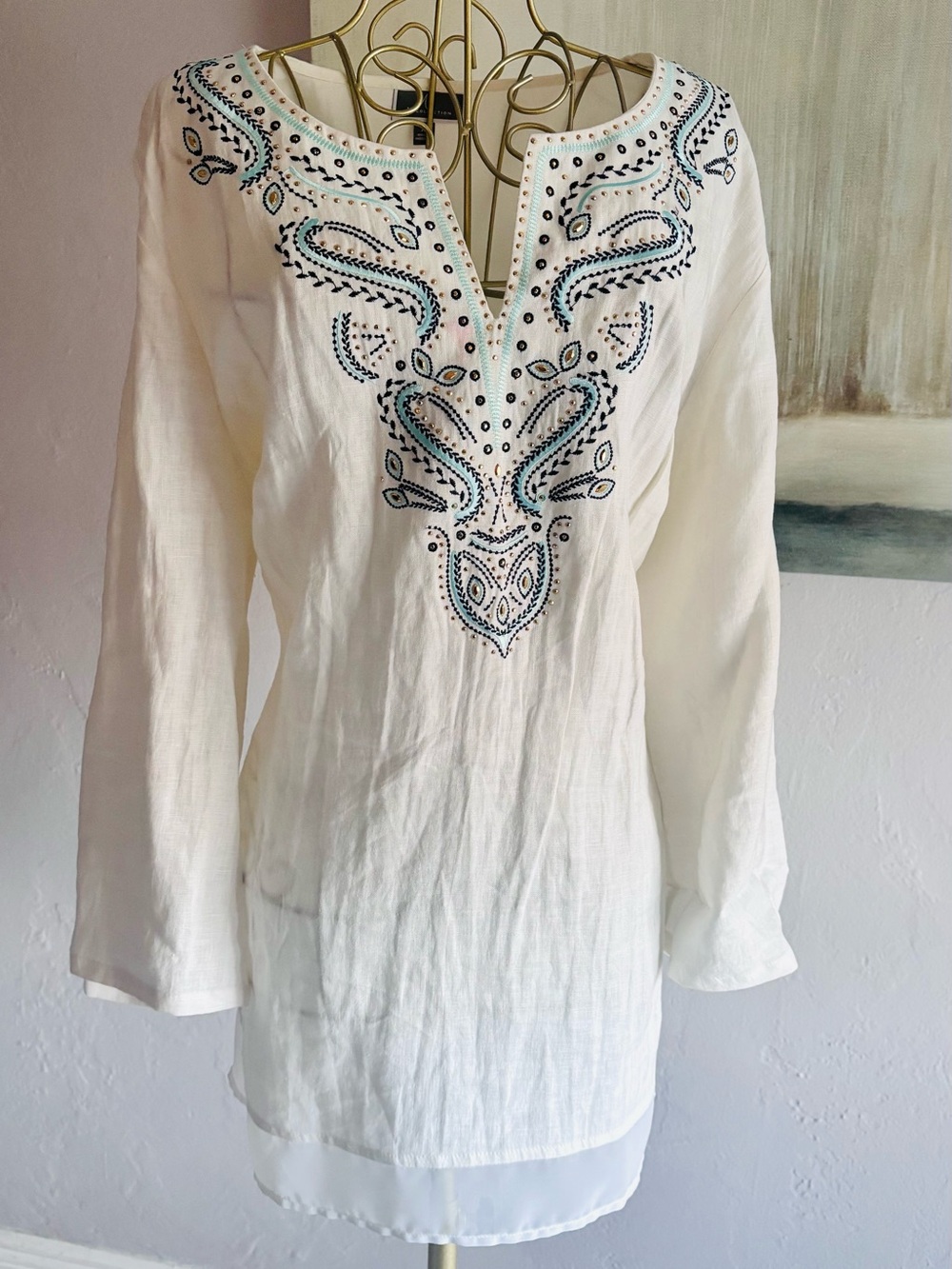 JM Collection 100% Linen Embroidered Boho Tunic XL